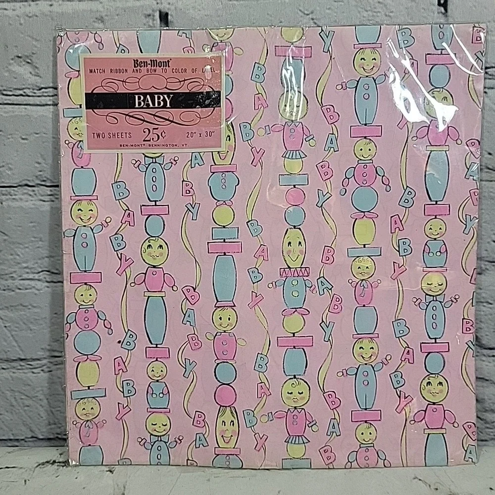 Vintage Gift Wrap Wrapping Paper New Baby Themed Lot Of 4 Different Prints